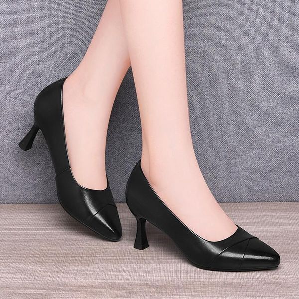 

dress shoes fashion leather high heels women's summer pointy small documentary, Black