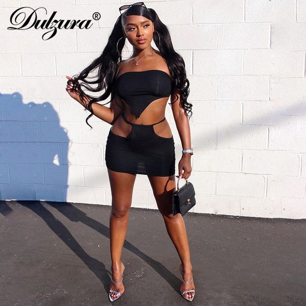 

women two piece set bandage tanks crop mini skirt hollow out bodycon streetwear party club 2021 summer outfit, Black;white