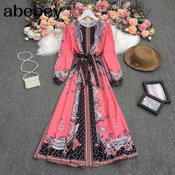 

spring autumn retro all-match o-neck puff sleeve dress waist slim ethnic print big skirt 210512, Black;gray