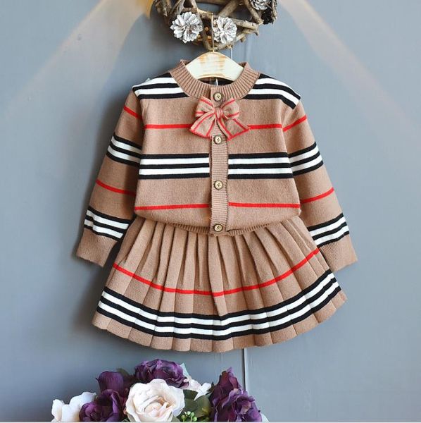 Bebek kız kıyafetleri seti Sonbahar Kış Yay Ekose Süvari Çizgili Pileli Etek 2 PCS 3-7 Yıllık Çocuk Kıyafetleri
