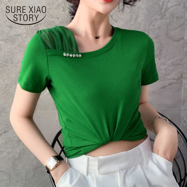 

spring fashion t-shirt women short sleeve off-shoulder mesh stitching slim bottoming shirt summer and t-shirt 9896 210528, White