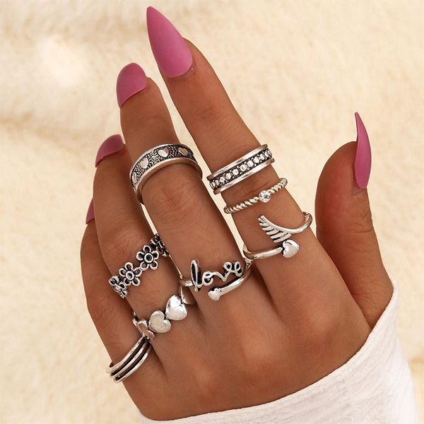 

cluster rings 8 pcs/set women set fashion open wing heart love flower knuckle silver color ring birthday gift female jewelry, Golden;silver