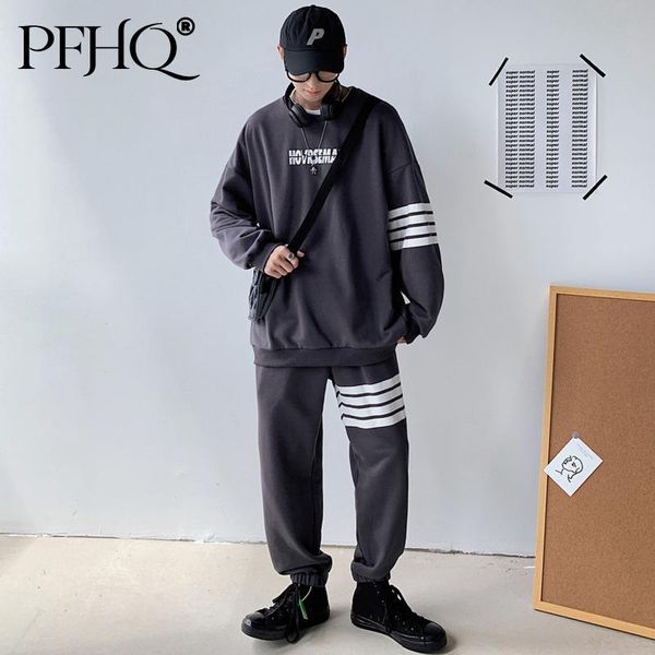 

men's tracksuits pfhq 2021 fashion loose round neck stitching japanese korean striped pants two-piece autumn and winter 21d370, Gray
