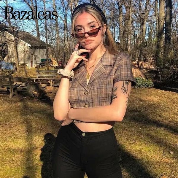 

bazaleas 2021 vintage turn down collar buttons blouse women tartan brown blusas fashion blusa feminina women's blouses & shirts, White