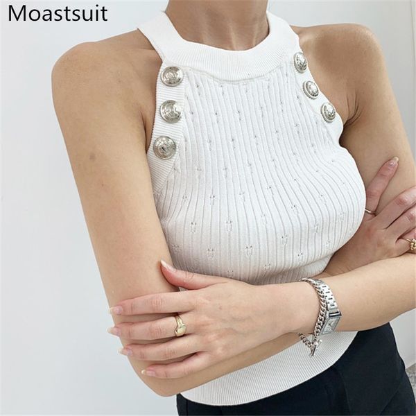 

summer knitted camis vest women sleeveless o-neck solid slim high street crop korean fashion jumpers femme 210514, White