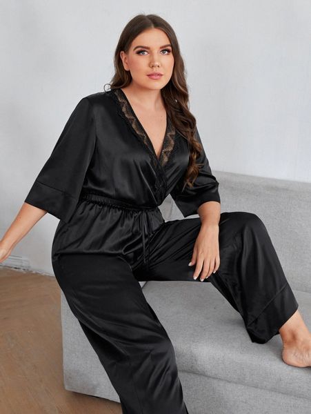 

plus lace trim knot front satin wide leg sleep jumpsuit s6al#, Black;white