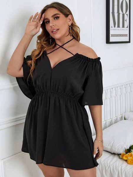 

plus tie back off shoulder frill trim romper a9lp#, Black