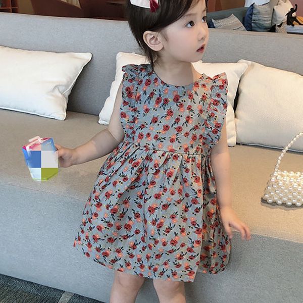 

summer sleeveless dress for girls fashion floral print princess kid clothing cute backless bowknot children's 210515, Red;yellow