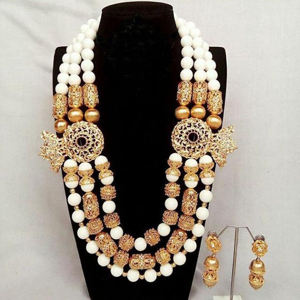 

earrings & necklace gorgeous white beads african jewelry sets chunky bib statement dubai gold bridal set party for women ncl723, Silver