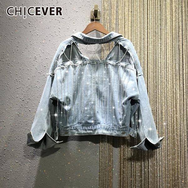 

women's jackets chicever minimalist patchwork tassel denim coat for women lapel long sleeve hollow out straight female spring 2021 styl, Black;brown