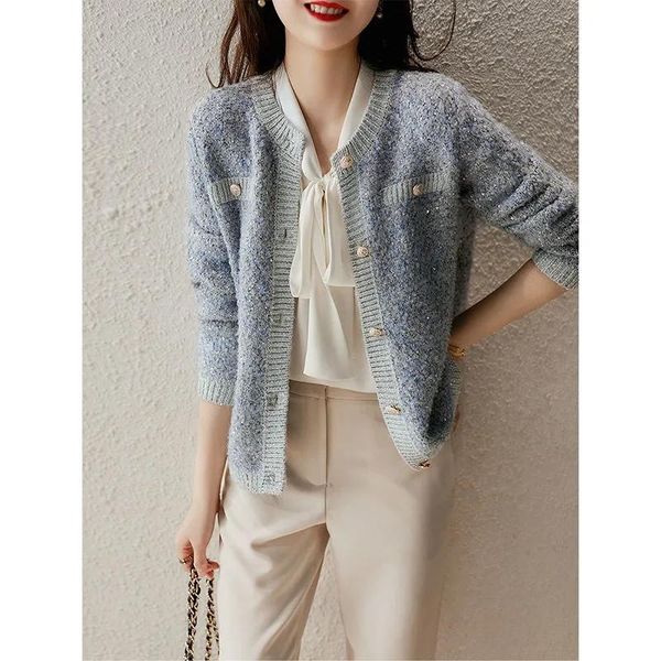 

women's knits & tees chic women bling knitted cardigan autumn spring fine sequins design lady sweater coat elegant vintage jack, White