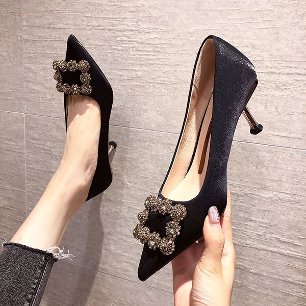 

autumn french temperament diamond square button versatile single sho pointed shallow mouth thin heel black high heels women's