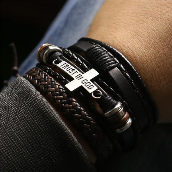 

pcs/set leather bracelets men bangles for women wood beads feather trust in god cross charm homme gift jewelry y, Golden;silver