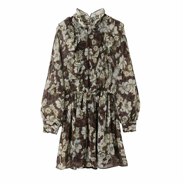 

elegant women floral print dress 2021 fashion ladies chiffon cascrading ruffles streetwear female chic o-neck vestidos casual dresses, Black;gray
