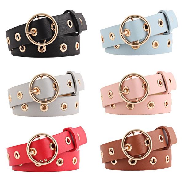 

belts women ladies gold round metal buckle faux leather belt hollow dress waistband bltyn0501, Black;brown