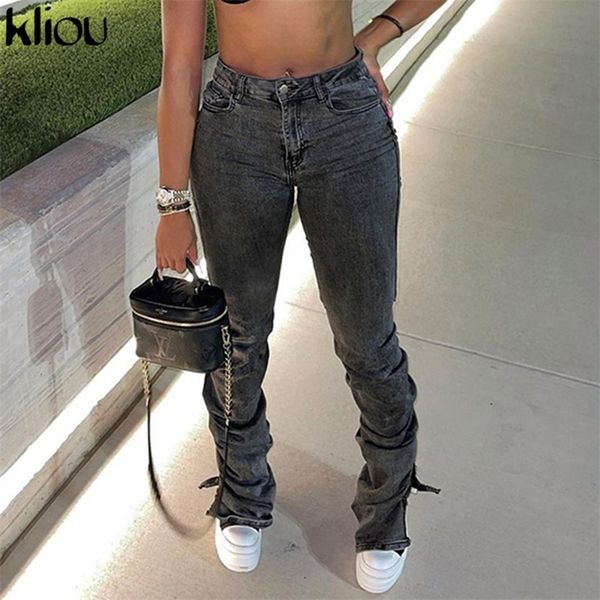 

kliou cotton pleated women jeans side split hipster high waist slim long trousers skinny pockets basic streetwear female bottoms 220310, Blue