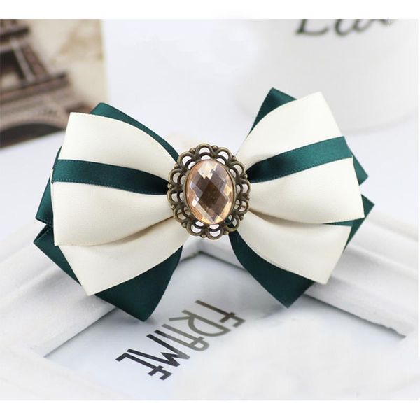 

lady hair clips white dark green matching brown rhinestone thin ribbon bow duckbill clip ring handmade custom1