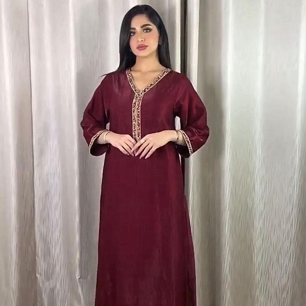 Abbigliamento etnico Borgogna Donne Musulmane Abaya Abito lungo manica lunga Dubai Abito caftano turco Sexy scollo a V Marocchino Boubou strass Djellab