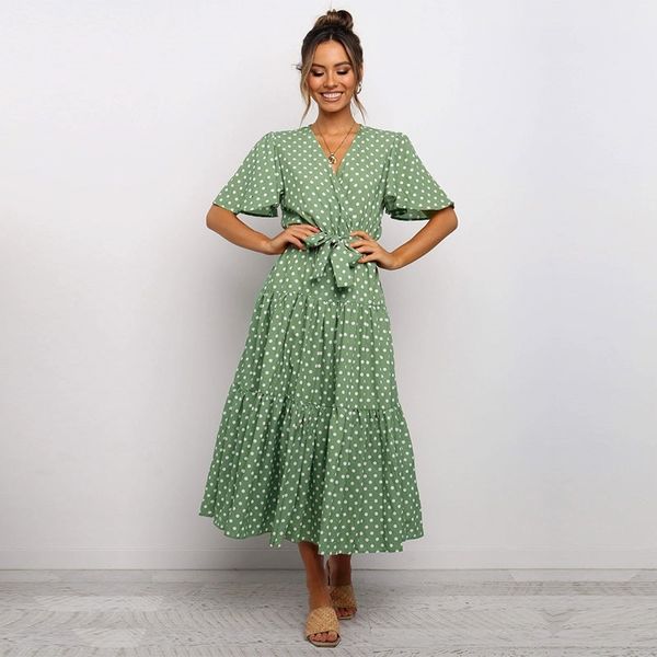 

two piece dress summer long dot print bandage women 2021 new v neck butterfly sleeve high waist ladies slim casual party maxi es i, White