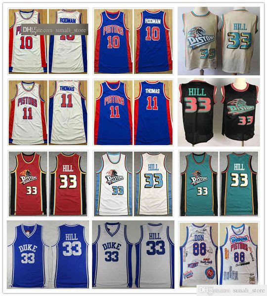 

sewn men dennis 10 rodman isiah 11 thomas grant 33 hill jerseys vintage blue white basketball college shirts fast shipping, Black;red