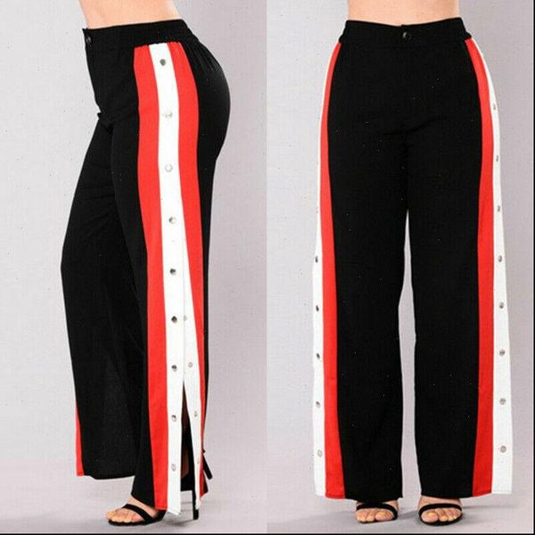 

women pants brand fashion cut off rivet button striped split side wide leg trousers casual loose, Black;white