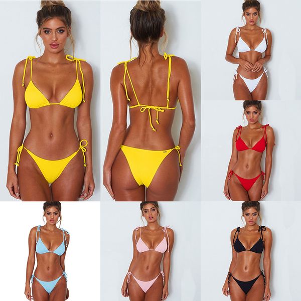 

girls swimsuit summer new pure color women bikini set bandage swimsuit brazilian swimwear bikinis beach wear swim mujer