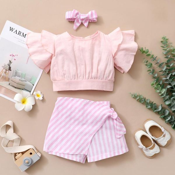 

clothing sets #vw toddler baby girls clothes ruffles solid draped exposed navel +striped printed shorts headbands 3pcs outfits ropa, White