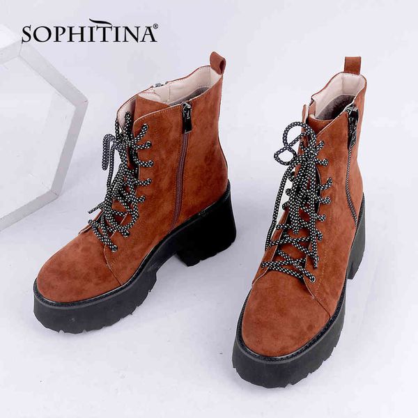 

sophitina women boots fashion brown platform ladies ankle boots round toe zipper lace up thick bottom motorcycle boots c827 210513, Black