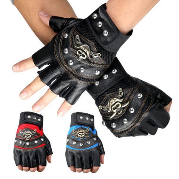 

cycling gloves skulls rivet pu leather fingerless men women fashion hip hop gym punk half finger motorcycle skull, Black