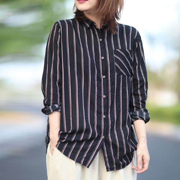 

johnature autumn retro striped turn-down collar single breasted cardigan shirt simple comfortable all-match women 210521, White