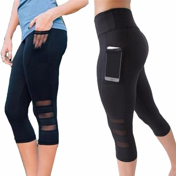 

yoga outfits fitness girl black mesh 3/4 pants women high waist gym legging calf-length pant sport leggings, White;red