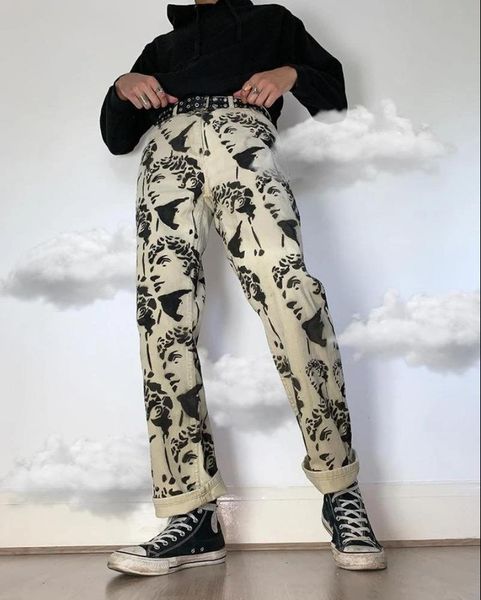 

men's jeans fashion trousers loose bleached washed straight tie-dyed offset printing denim plus size mens, Blue