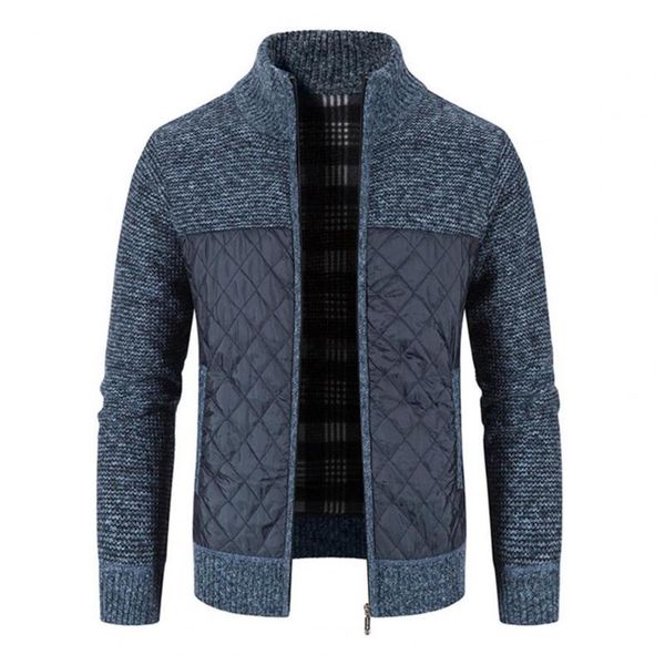 

men's trench coats long sleeve sweater coat men zipper closure autumn winter patchwork pockets stand collar knitted jacket knitwear, Tan;black