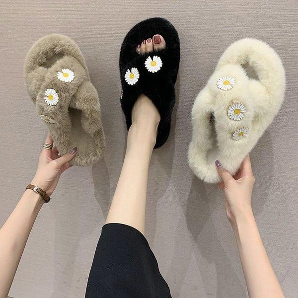 

small daisy cross wool slippers fall / winter 2021 indoor & ourdoor casual hair wear faux fur, Black