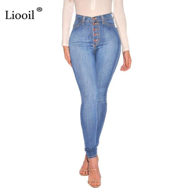 

women's jeans liooil skinny button up for women with pockets streetwear high waist jean trousers wash distressed blue denim pants