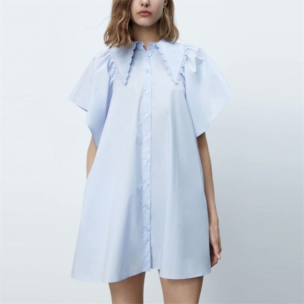 

women summer lace solid mini dress za flare sleeve turn-down collar female elegant sweet casual shirts dresses vestidos 210513, White