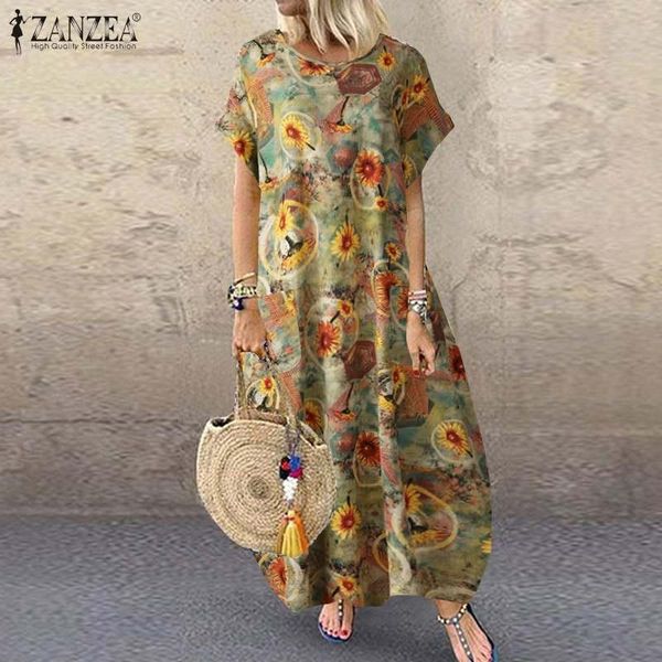 

party dresses kaftan printed maxi dress women's summer sundress 2021 zanzea casual short sleeve long vestido female o neck robe 7, White;black