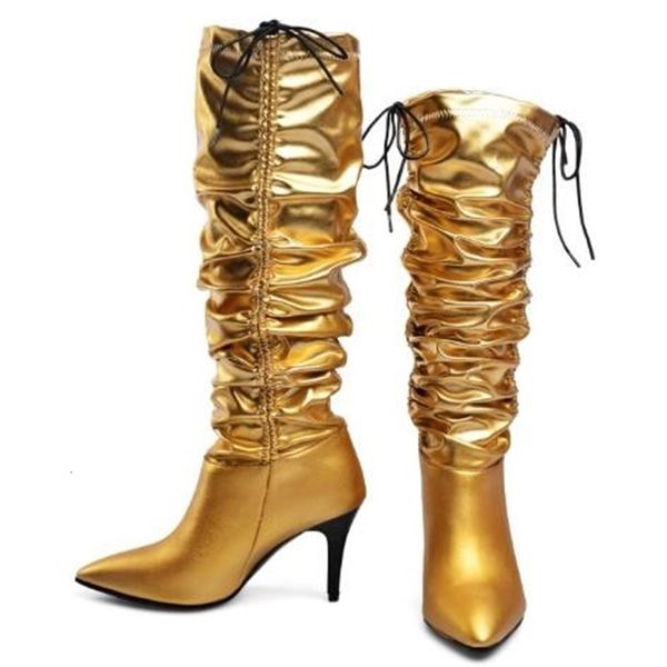 

boots pointed black-white solid toe gold takes woman bending lace to the knee high-heeled boots high-heel transportation of gout-worn lady m