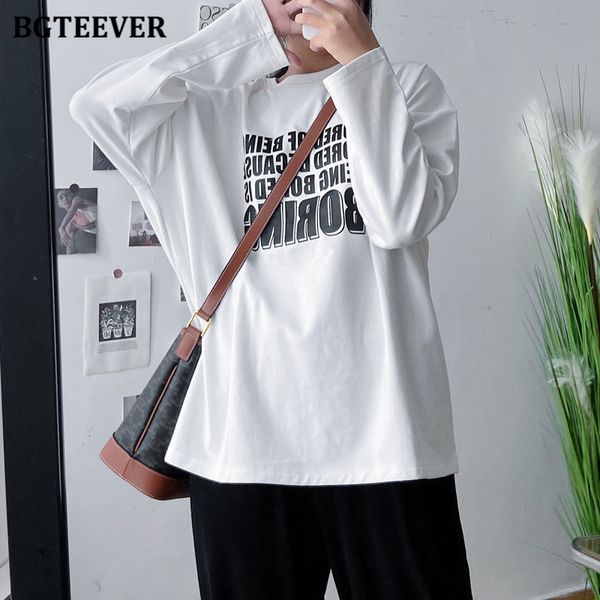 

t shirts new casual letter printed long sleeve t-shirts for women 2021 spring fashion o-neck loose white tees female pullover qx73
