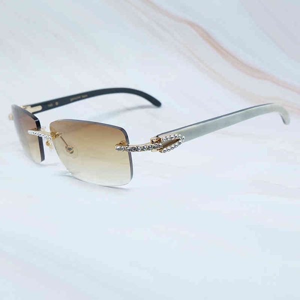 

factory outlet iced out men cubic zircon buffalo horn sun rimless rhinestone shades eyewear gafas de sol aklx, White;black