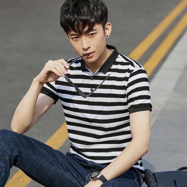 

men's polos fashion shirt lapel t-shirt youth thick striped, White;black