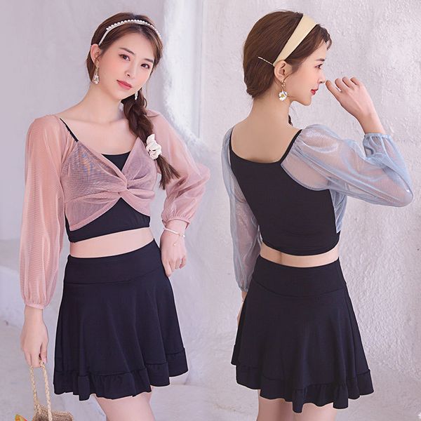 

waist fairy high slim mesh long sleeve girl split bikini spring swimsuit, Black;white