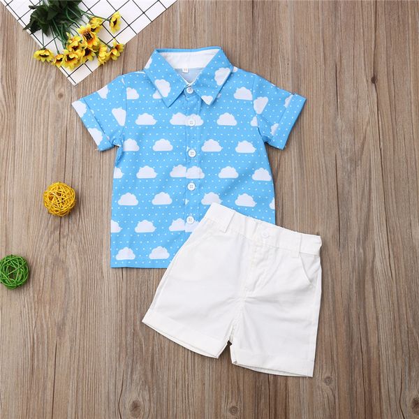 

2-6 years 2cps baby boys clothing blue cloud print boys shirt short sleeve blouse set white pants boys outfit children suit, White;black