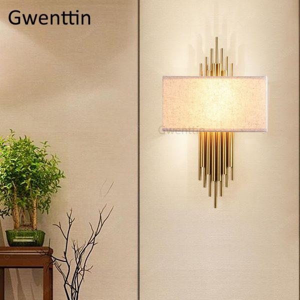 

wall lamp chinese style gold for living room bedroom modern sconce led fabric light fixtures home decor bedside luminaire
