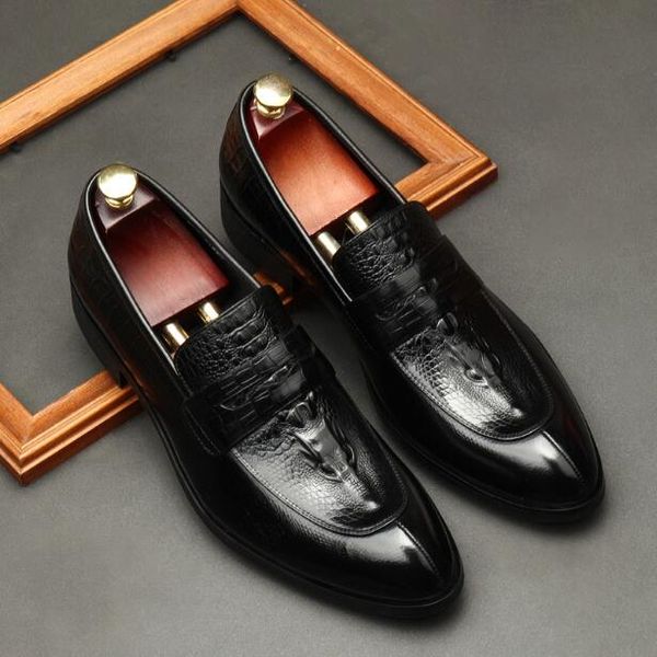 

men british style cowskin alligator dress shoes loafers luxury genuine leather breathable embossed leather lace-up fashion wedding flats, Black