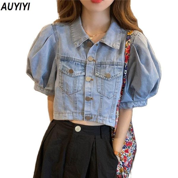 

women's jackets vintage women puff sleeve denim coats korean fashion turn-down collar female 2021 chic streetwear jean jacket, Black;brown