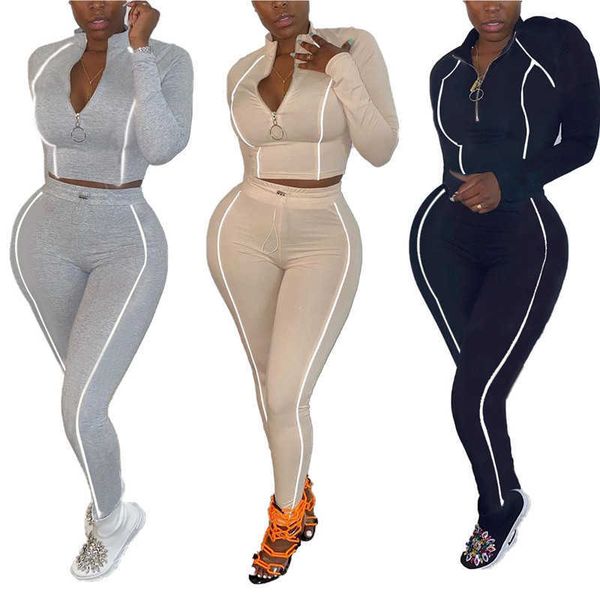 Outono mulheres 2 peças conjunto zíper top elástico cintura calça esticar bodycon outfit bocheclam conjunto de correspondência conjunto mejor atacado dropshpping y0625