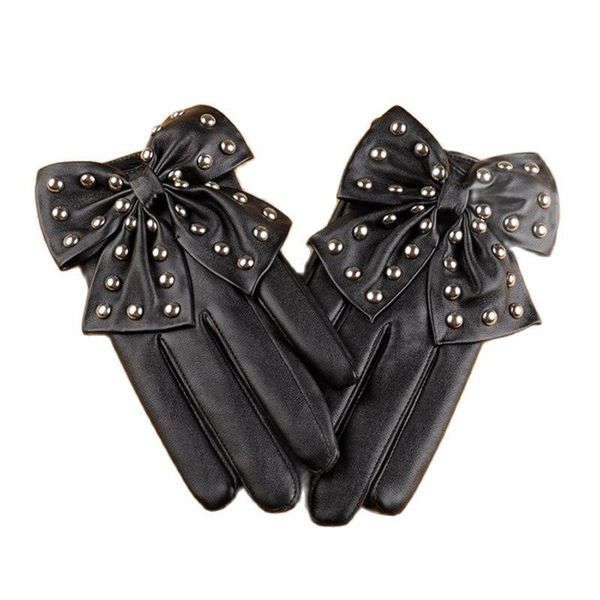 

sports gloves winter lady rivet butterfly bow soft pu leather black red fashion punk rock stage party harajuku costume