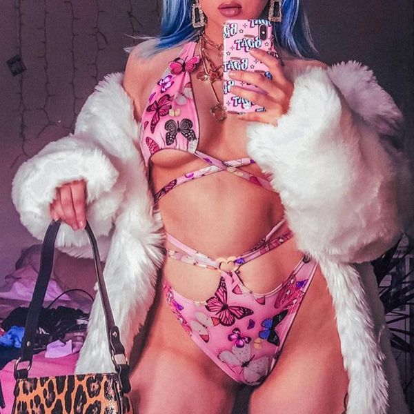 

misswim butterfly print one-piece suit string swimsuit high cut swimwear female backless bathing monokini bodysuit suits