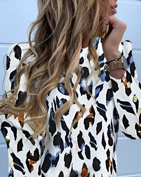 

women's blouses & shirts abstract leopard print long sleeve cuff blouse, White